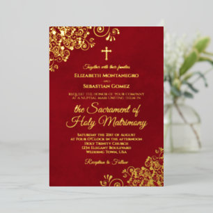 Elegant Catholic Wedding Crimson Red & Gold Foil Invitation