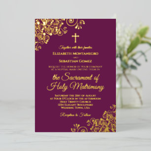 Elegant Catholic Wedding Magenta Plum & Gold Foil Invitation