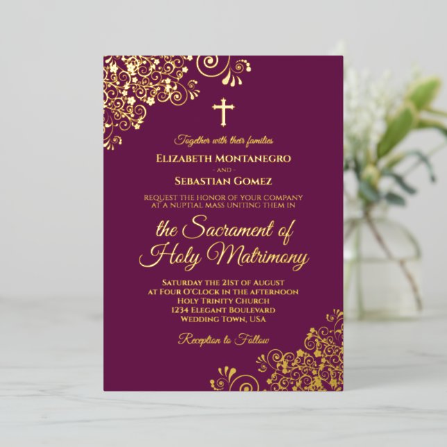 Elegant Catholic Wedding Magenta Plum & Gold Foil Invitation (Standing Front)