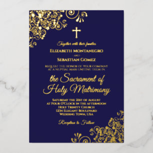 Elegant Catholic Wedding Navy Blue & Gold Foil Invitation