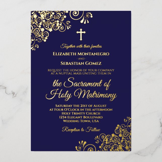 Elegant Catholic Wedding Navy Blue & Gold Foil Invitation (Front)
