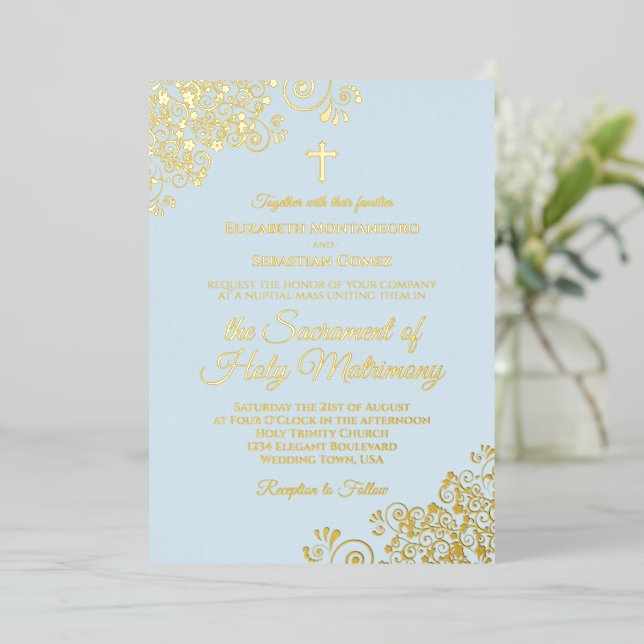 Elegant Catholic Wedding Powder Blue & Gold Foil Invitation (Standing Front)