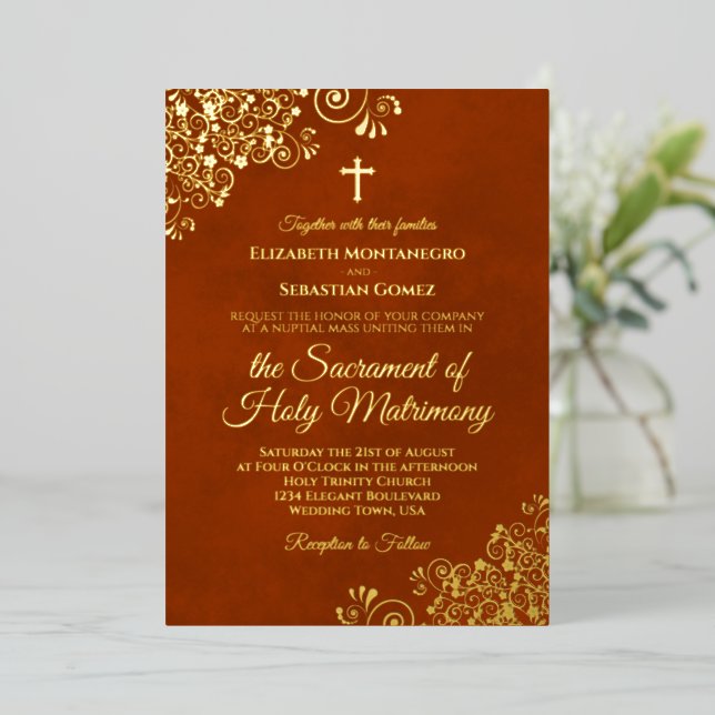Elegant Catholic Wedding Rust Orange & Gold Foil Invitation (Standing Front)