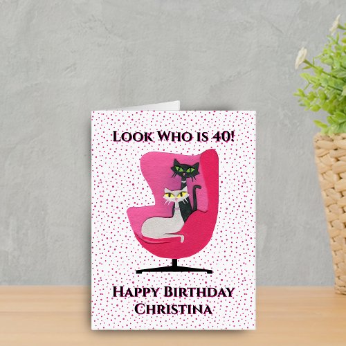 Elegant Cats in Midcentury Pink Chair Dot Birthday