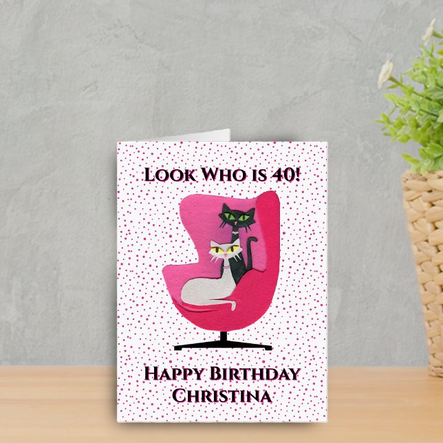 Elegant Cats in Midcentury Pink Chair Dot Birthday Card (Elegant cats in mid century pink chair on polka dots on happy Birthday oversized greeting card.)