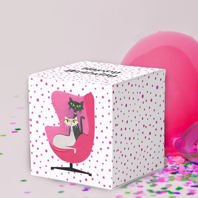 Elegant Cats Mid Century Chair Polka Dots Birthday Favor Boxes (Elegant black and white cats sitting in pink chair on white with pink polka dots favor or gift box.)