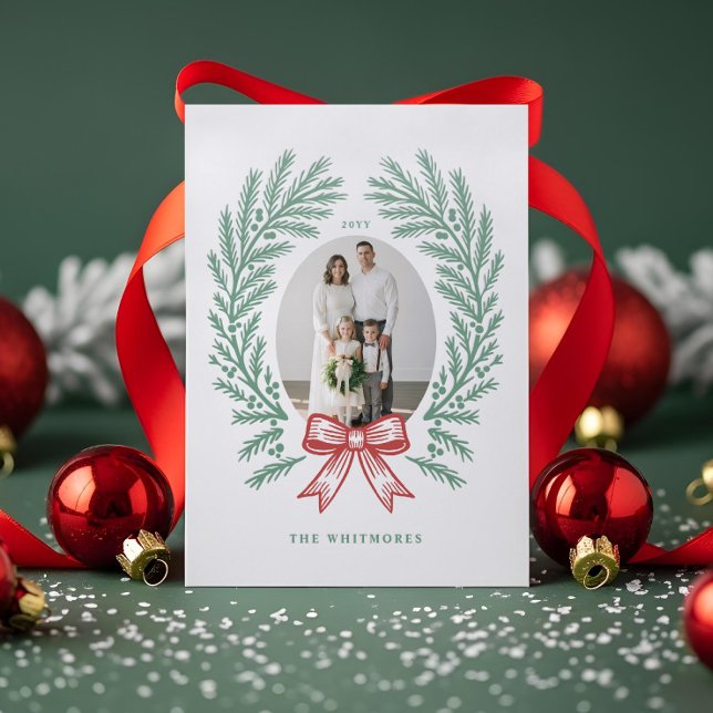 Elegant Cedar Greenery Wreath Red Bow Christmas Letterpress Photo Cards (Elegant Cedar Greenery Wreath Red Bow Christmas Letterpress Photo Cards)