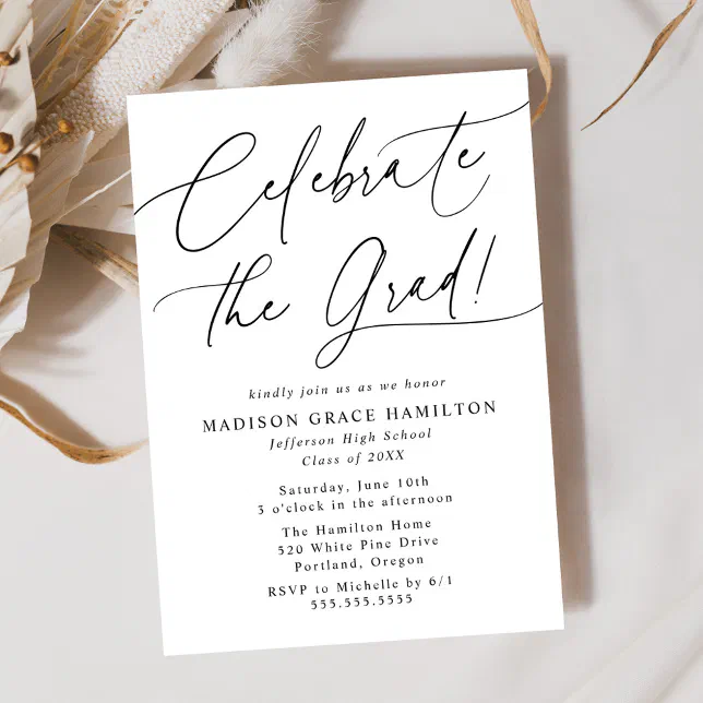 Elegant Celebrate the Grad Black Script Graduation Invitation | Zazzle