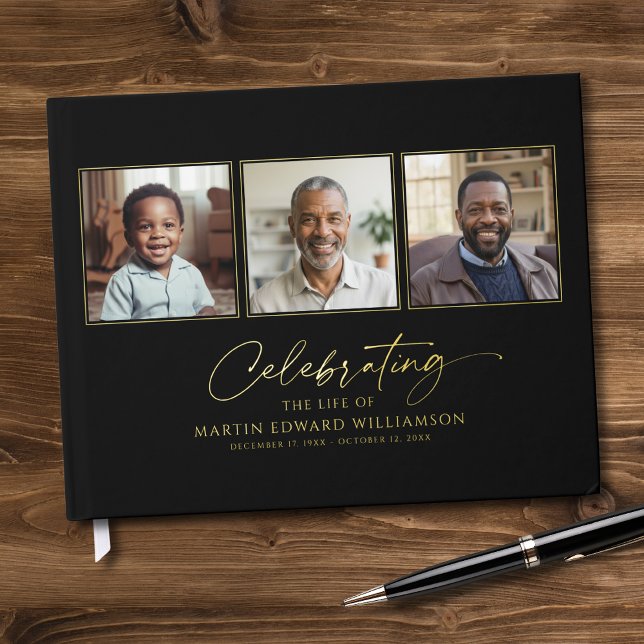 Elegant Celebrating The Life 3 Photos Funeral Foil Guest Book (Creator Uploaded)