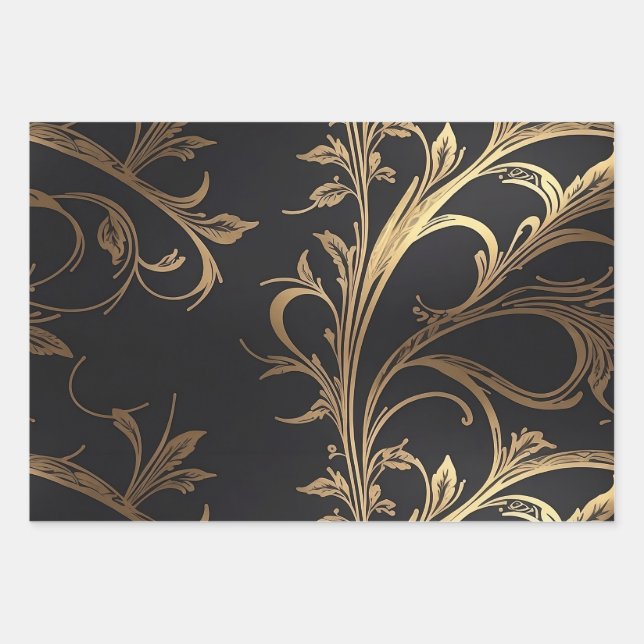 Elegant Celebration Black with Gold Foil Accent Wrapping Paper Sheets (Front 2)