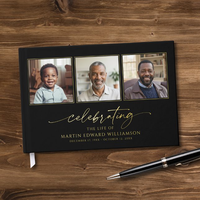 Elegant Celebration of Life 3 Photos Funeral Foil Guest Book (Creator Uploaded)