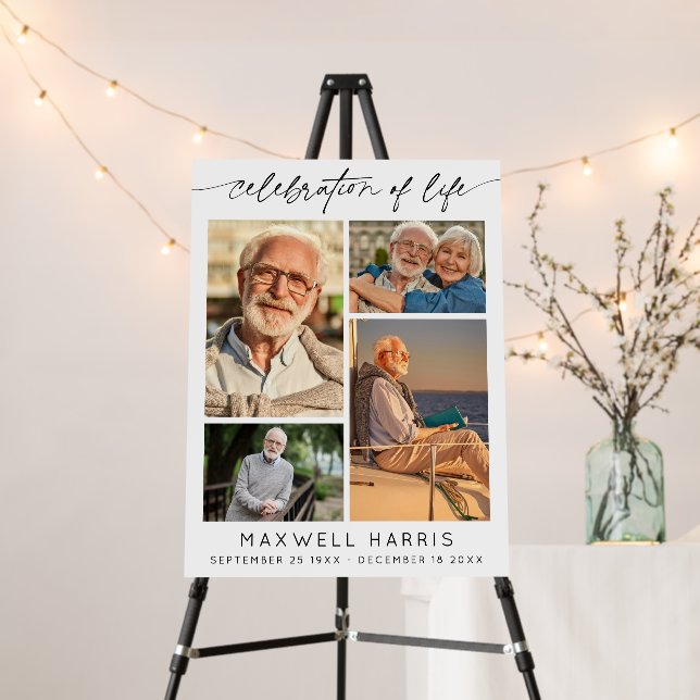 Elegant Celebration of Life 4 Photo Collage Script Foam Board (In Situ (Stand))