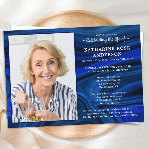 Elegant Celebration Of Life Blue Marble Photo Invitation