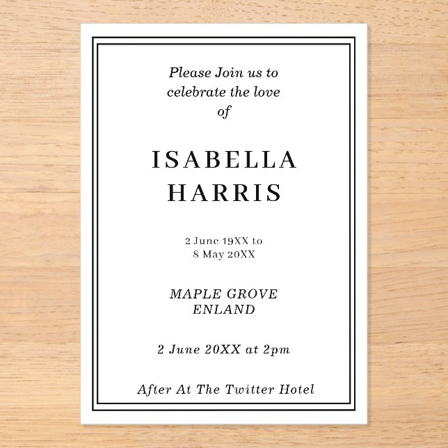 Elegant Celebration of Life Design Acrylic Invitations (Front)