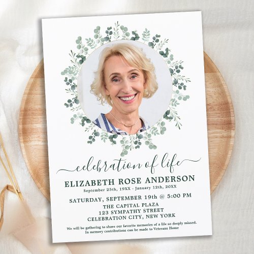 Elegant Celebration Of Life Eucalyptus Photo Invitation