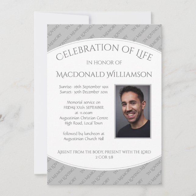 Elegant CELEBRATION OF LIFE Funeral GRAY Invite (Front)