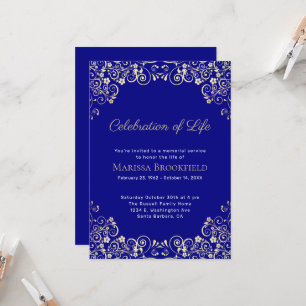 Elegant Celebration of Life Navy Blue Gold Swirls Invitation