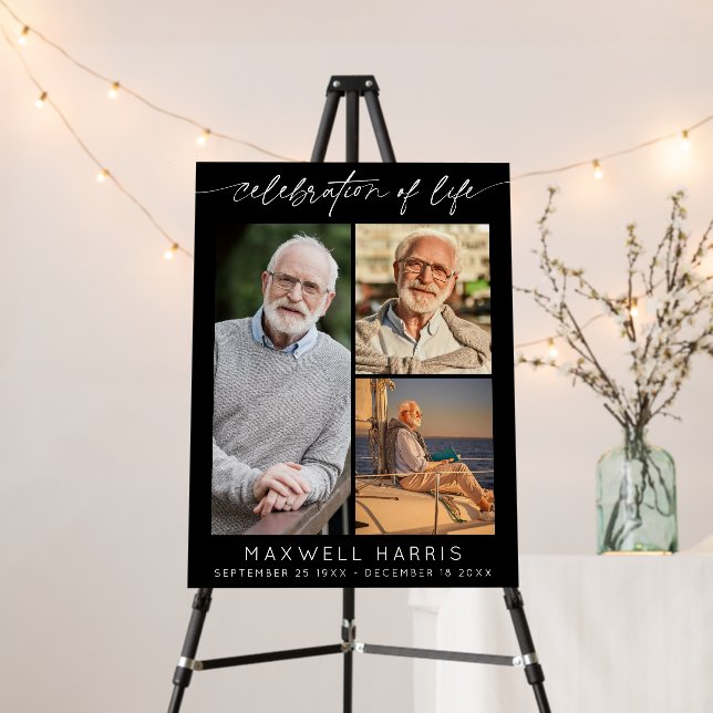 Elegant Celebration of Life Photo 3 Collage Script Foam Board (In Situ (Stand))