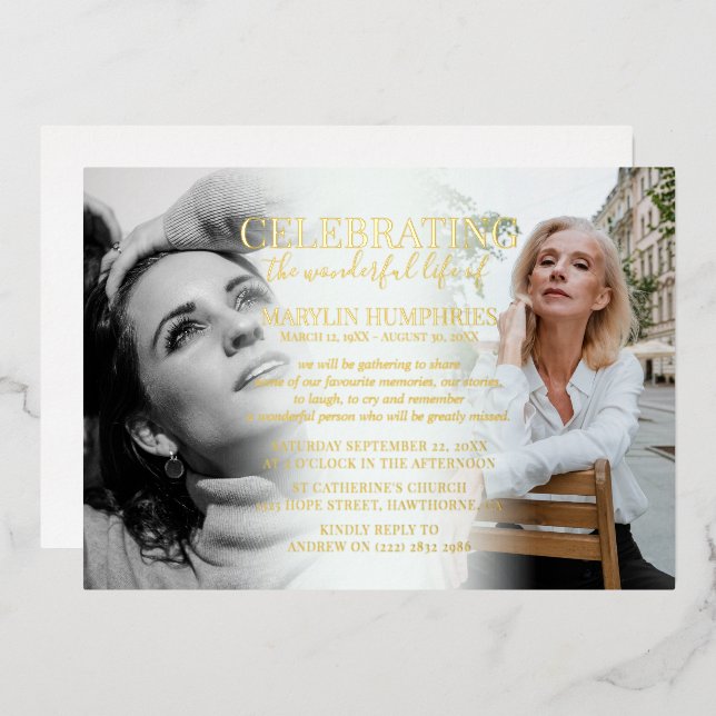 Elegant Celebration of Life Photo Gold Foil Invitation (Front/Back)