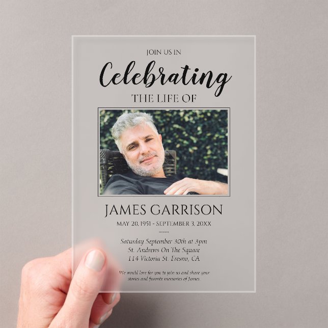 Elegant Celebration of Life Photo Memorial Acrylic Invitations (Insitu (Handheld))