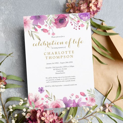 Elegant Celebration of Life Pink Watercolor Floral Invitation
