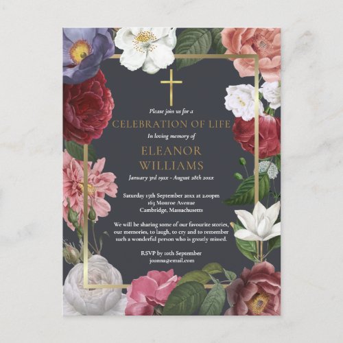 Elegant Celebration of Life Rose Floral Funeral Announcement Postcard