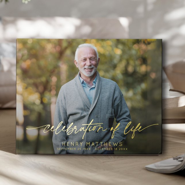 Elegant Celebration of Life Script Photo Funeral  Foil Guest Book (Creator Uploaded)