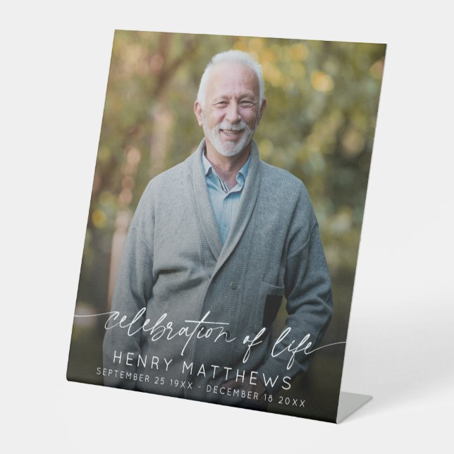 Elegant Celebration of Life Script Photo Funeral  Pedestal Sign (Front)