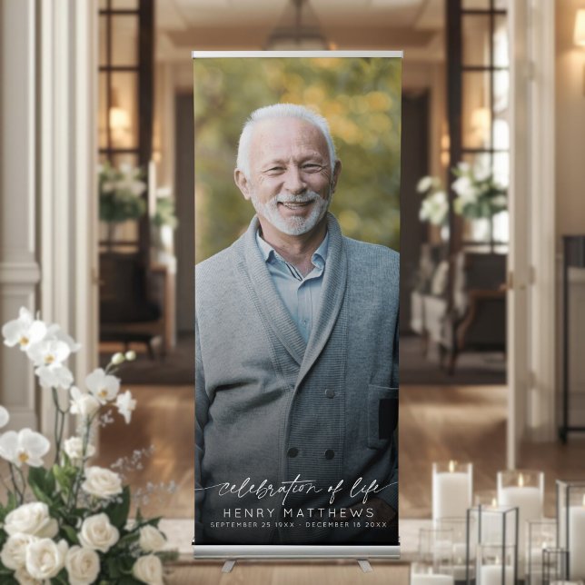 Elegant Celebration of Life Script Photo Funeral  Retractable Banner (Creator Uploaded)
