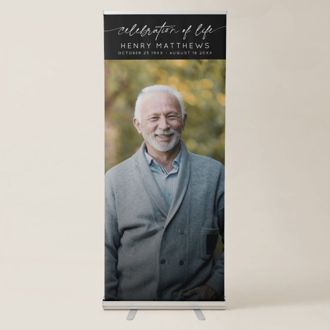 Elegant Celebration of Life Script Photo Memorial Retractable Banner (Front)
