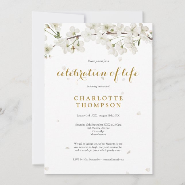 Elegant Celebration of Life White Blossom Floral Invitation (Front)