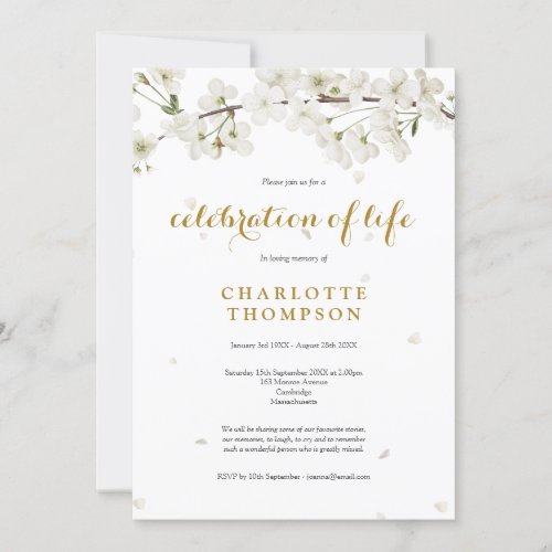 Elegant Celebration of Life White Blossom Floral Invitation