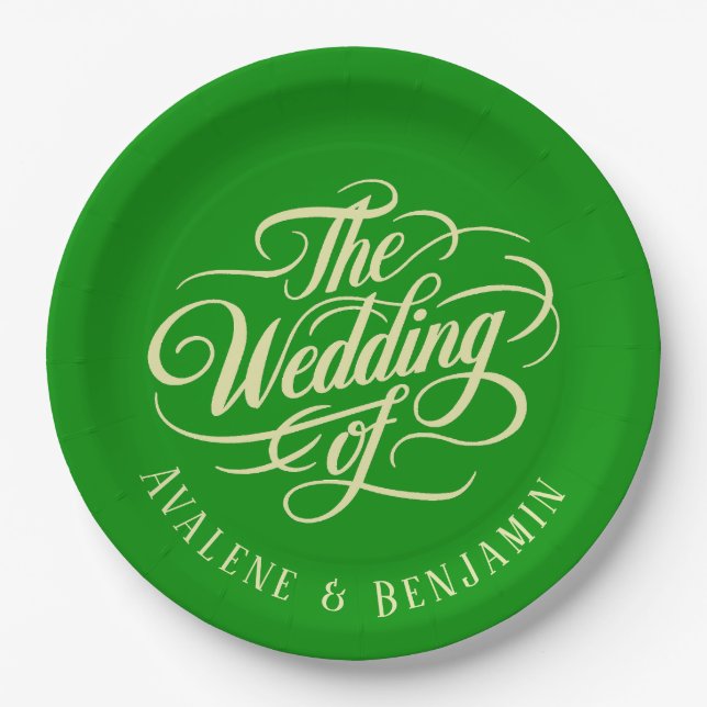 Elegant Celery and Forest Green Wedding Paper Plates (Front)