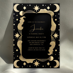 Elegant Celestial Black & Gold Stars 30th Birthday Invitation