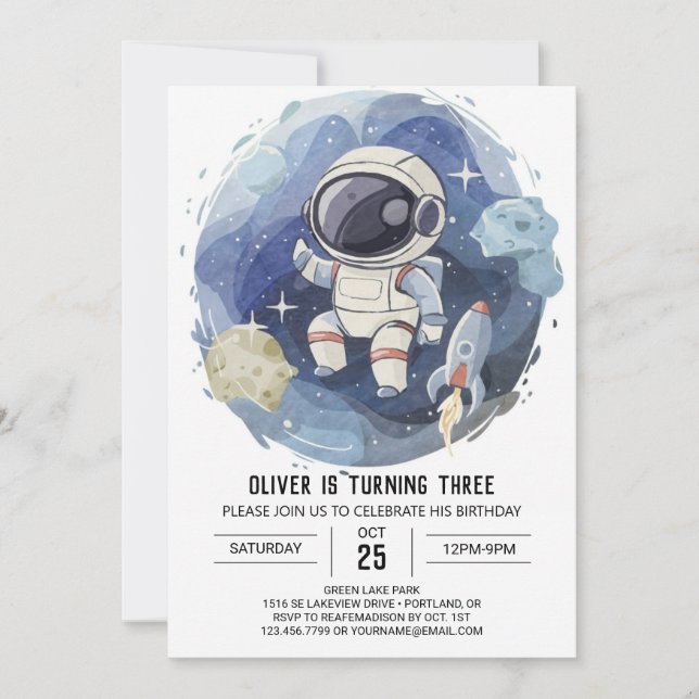 Elegant Celestial Editable Astronaut Boy Birthday Invitation (Front)