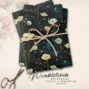 Elegant Celestial Floral Midnight Blue & Gold Wrapping Paper Sheets