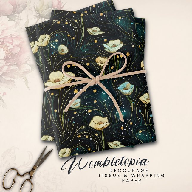 Elegant Celestial Floral Midnight Blue & Gold Wrapping Paper Sheets (Creator Uploaded)