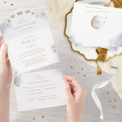 Elegant Celestial Gold Moon and Stars Wedding All In One Invitation