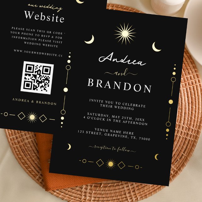 Elegant Celestial Gold Moon & Sun QR Code Wedding Foil Invitation (Creator Uploaded)
