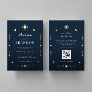 Elegant Celestial Gold Moon & Sun QR Code Wedding Foil Invitation