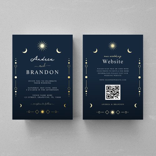 Elegant Celestial Gold Moon  Sun QR Code Wedding Foil Invitation
