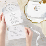 Elegant Celestial Moon and Stars Wedding All In One Invitation<br><div class="desc">Elegant All- in- One tri- fold wedding invitation with perforated RSVP postcard with delicate watercolor sky, stars and moon encasing your wedding details. Top inside section with beautiful phases of the moon. Dainty stars and details on moons in faux gold foil. Modern hand written calligraphy elements. Environmentally friendly, as there...</div>