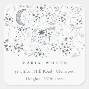 Elegant Celestial Navy Starry Night Moon Address Square Sticker