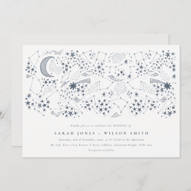 Elegant Celestial Navy Starry Night Moon Wedding Invitation (Front/Back)