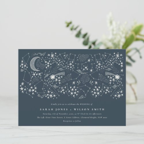 Elegant Celestial Navy Starry Night Moon Wedding Invitation