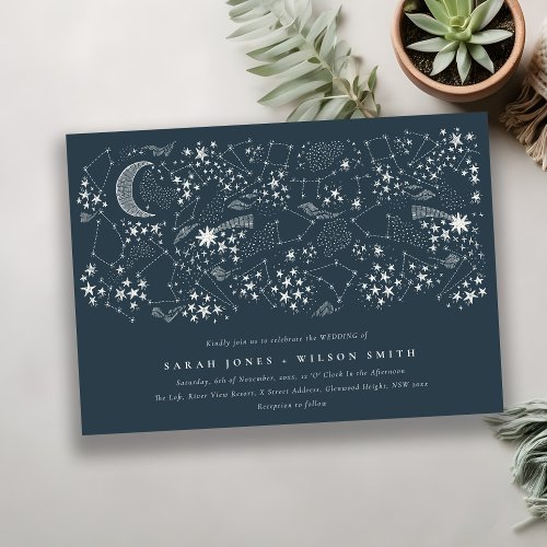 Elegant Celestial Navy Starry Night Moon Wedding Invitation