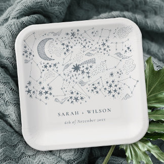 Elegant Celestial Navy Starry Night Moon Wedding Paper Plates