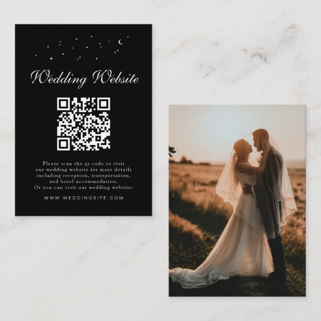 Elegant Celestial QR Code Black Wedding Details Enclosure Card (Front/Back)