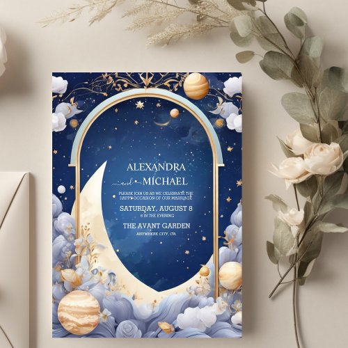 Elegant Celestial Watercolor Starry Frame Wedding Invitation