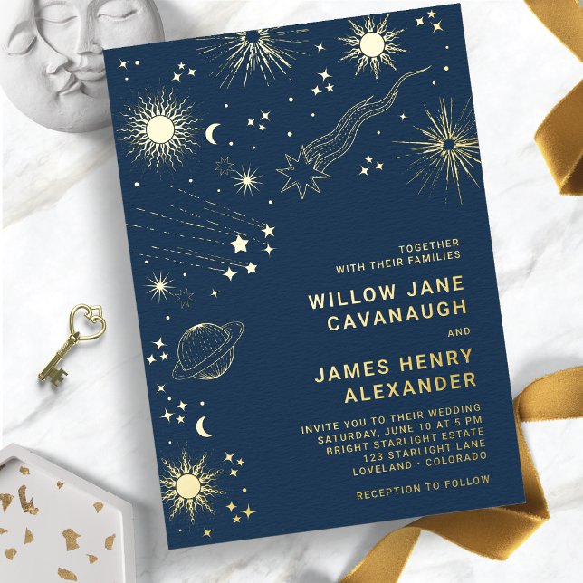 Elegant Celestial Wedding Foil Invitation (Navy Blue and Gold Elegant Celestial Wedding Foil Invitation
)